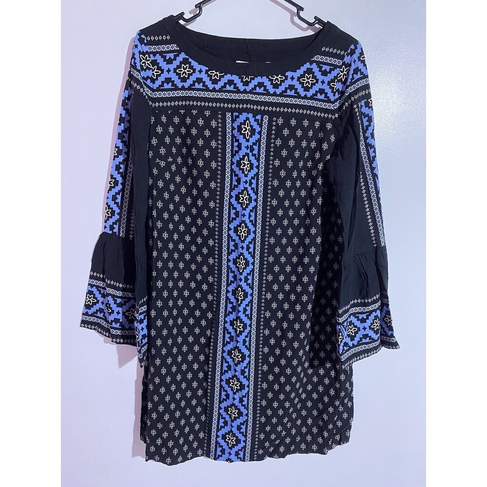 Ann Taylor Loft Dress M Black Blue Boho Floral Midi Bell Sleeves Office Church